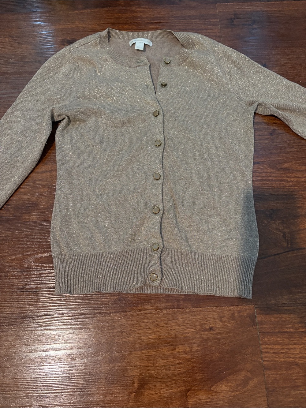 New York & Company Metallic Taupe Crewneck Button Cardigan